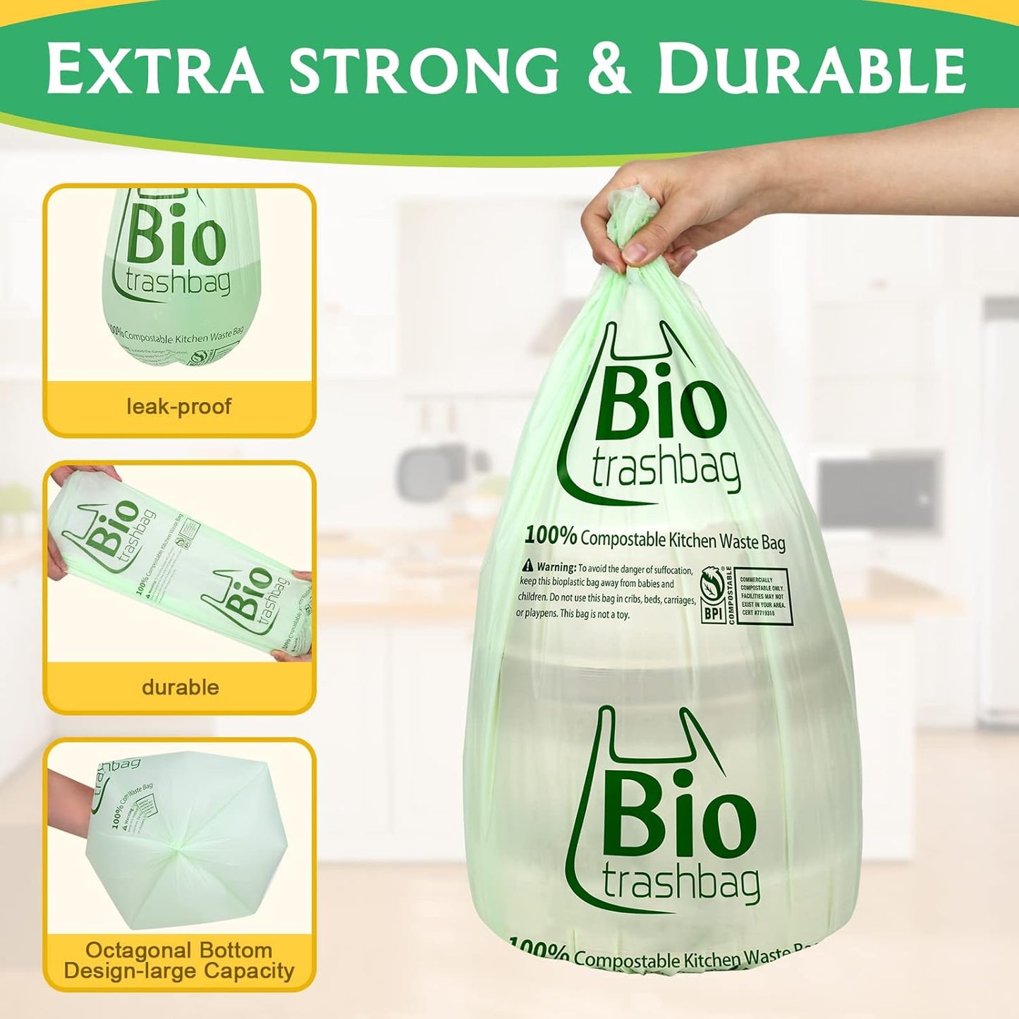 8 Gallon Compostable Trash Bags, 100 Count Flat-Top Garbage Bags Biodegradable, Medium Small Food Scrap Waste Bags for Kitchen Bathroom Office Car, US BPI and Europe OK Compost