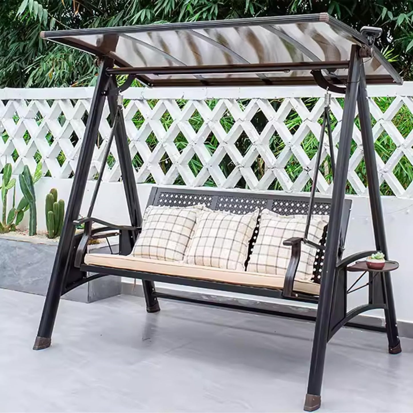 2/3-Seat Outdoor Patio Porch Swing with Adjustable Aluminum Alloy Canopy Solar Patio Swing Chair Bench with Footrest Side Cup Holder for Backyard Lawn (A-Aluminum Mesh Red Copper-3 Seat)