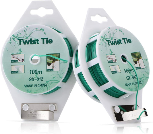 2 Reels 328 Feet (100m) Twist Tie, Green Coated Garden Plant Ties with Cutter for Gardening and Office Organization, Home