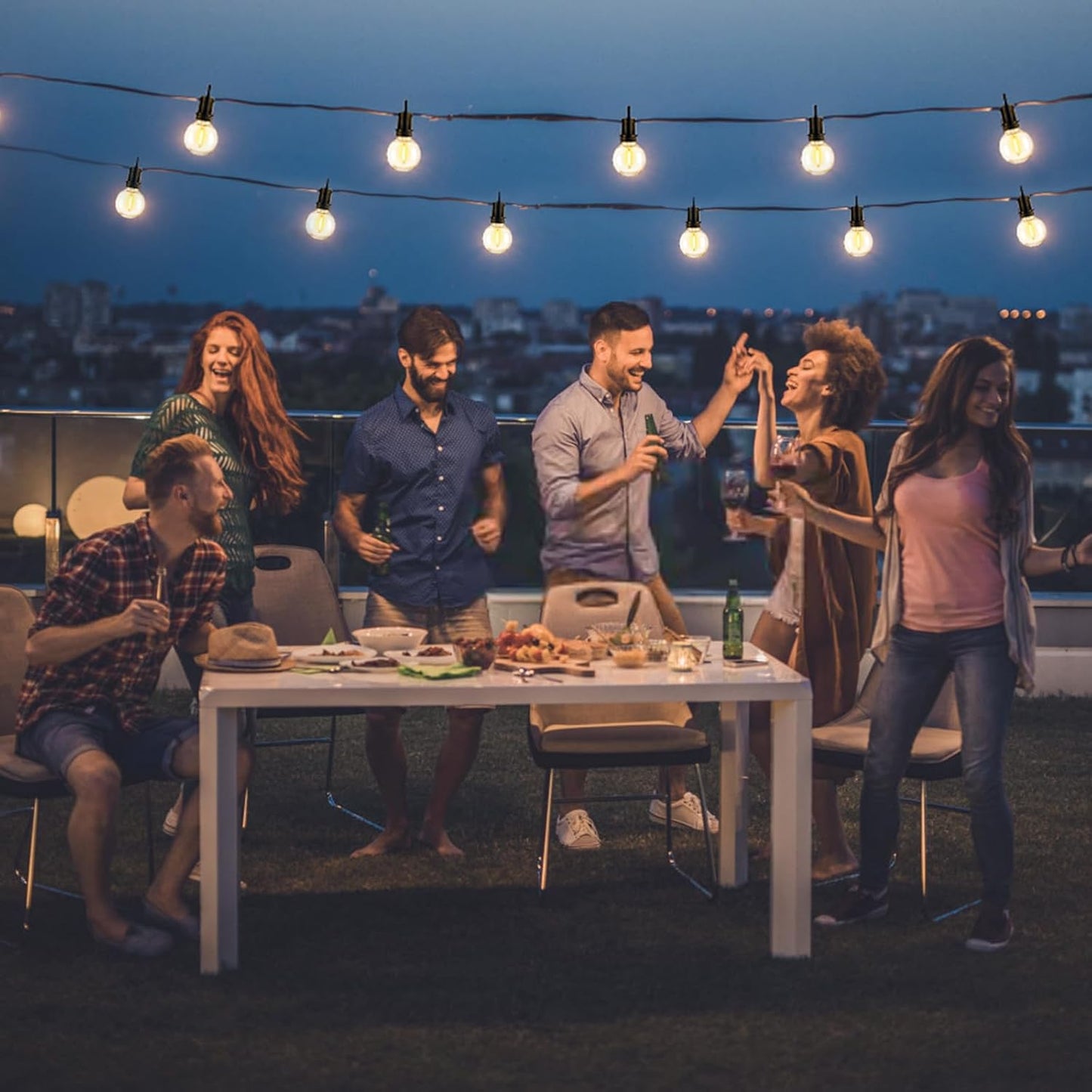 100FT Solar Lights Outdoor String Lights Waterproof G40 Patio lights Solar Powered with Remote USB Port 30+2 LED Shatterproof Bulbs 3 Light Modes, Dimmable Solar Lights for Camping for Porch Backyard