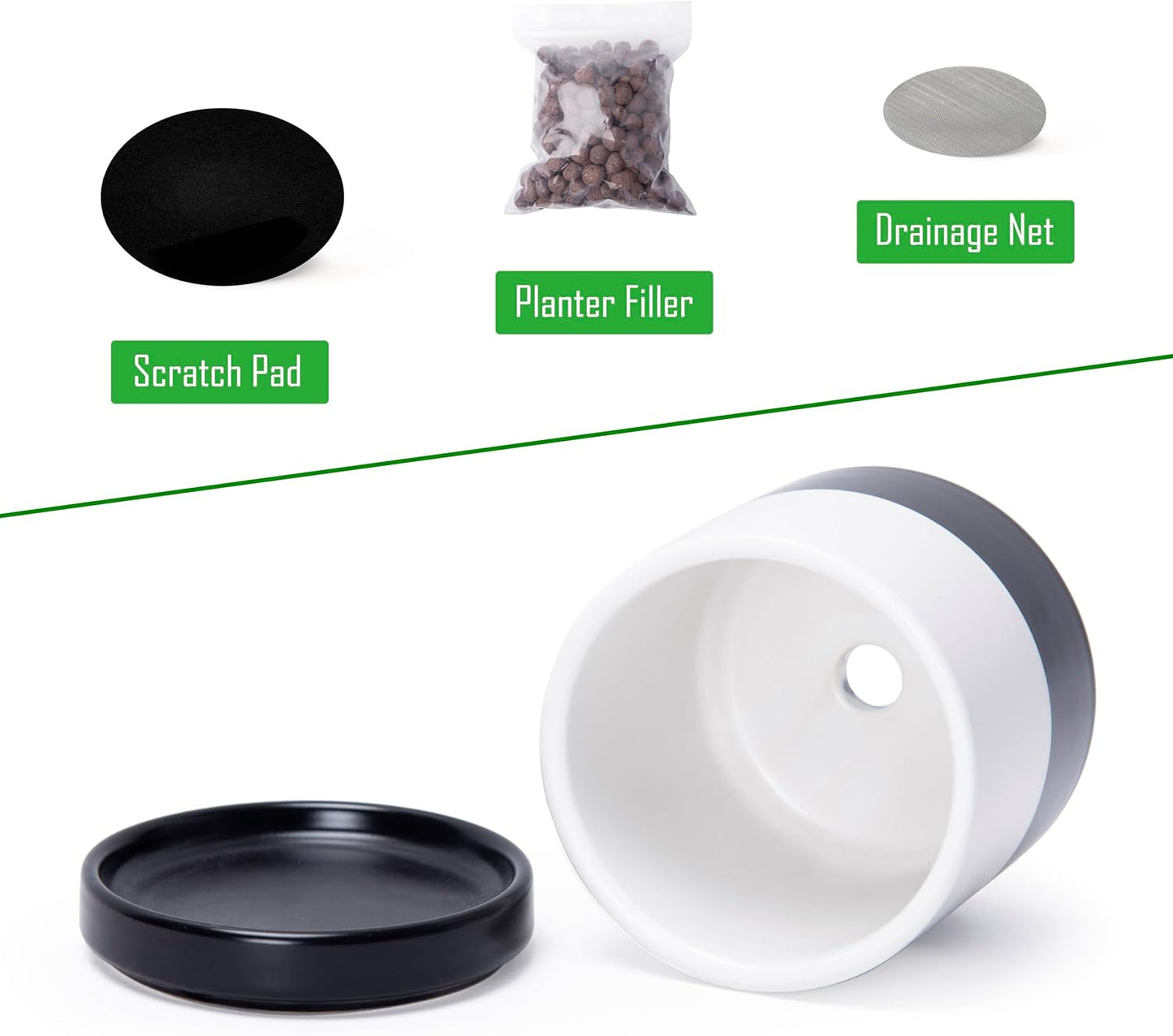 D'vine Dev 3.5 Inch Ceramic Planter Pot with Drainage Hole and Saucer, Indoor Cylinder Round Planter Pot, Layered Monochrome Black & White, 94-O-A-L