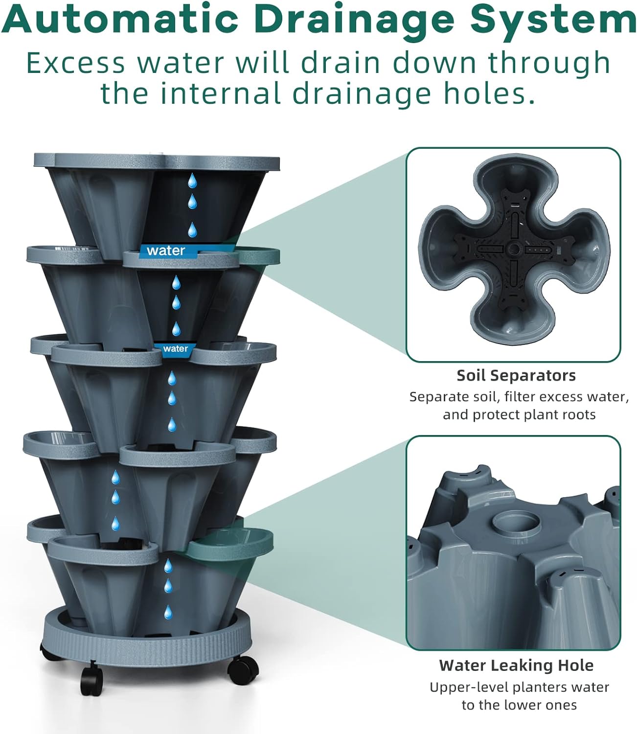 Strawberry Vertical Planters Tower Garden, 7 Tiered Stacking Herb Vegetable Planter with Support Pole Indoor and Outdoor - Dark Grey