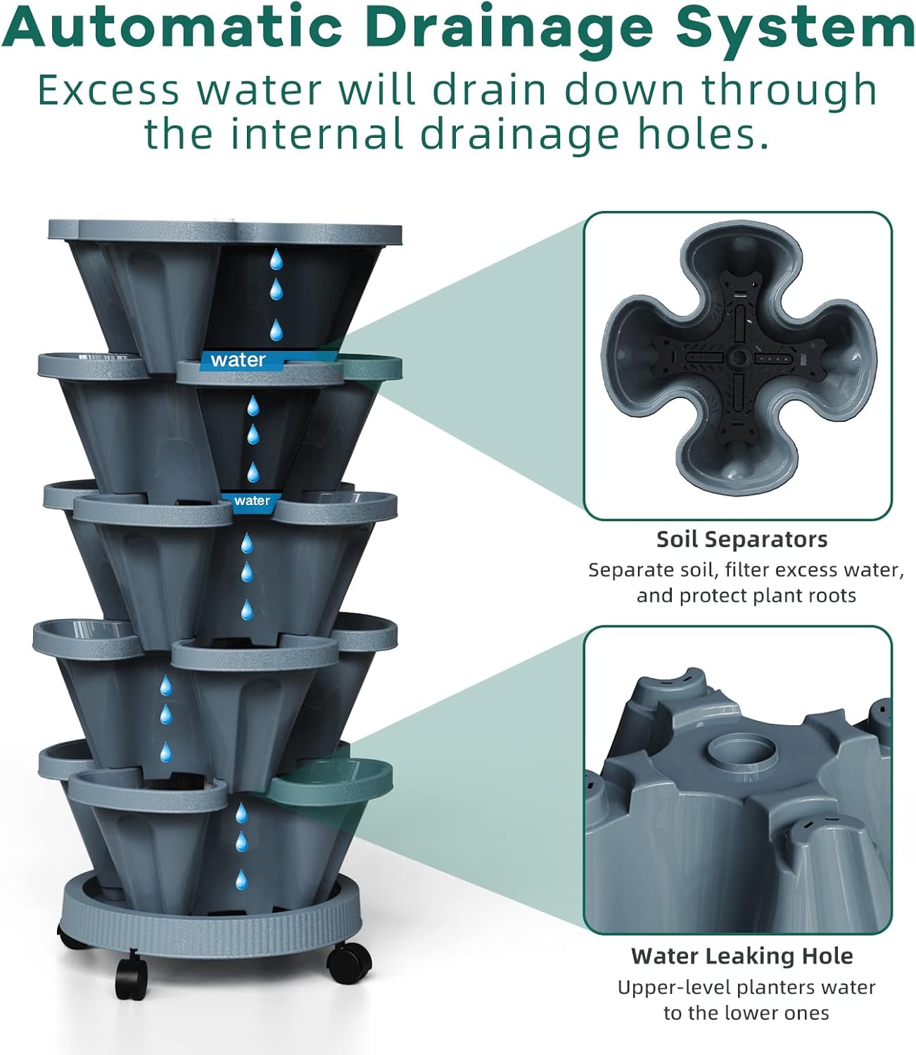 Strawberry Vertical Planter Tower Garden, 7 Tiered Stackable Planter Herb Garden Planter with Movable Casters and Bottom Saucer Indoor and Outdoor - Dark Grey