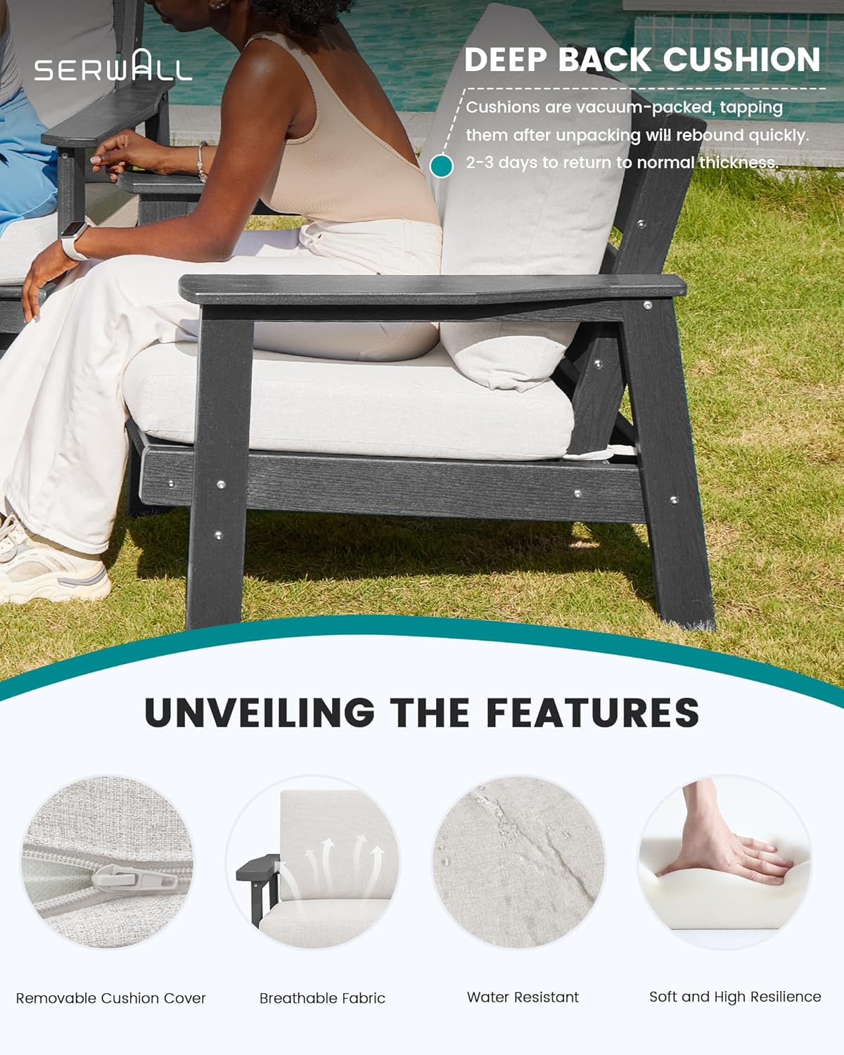SERWALL HDPE Outdoor Couch Set of 2, All-Weather Wood-Like Outdoor Patio Furniture Set, Outdoor Sofa Chairs with Khaki Cushions