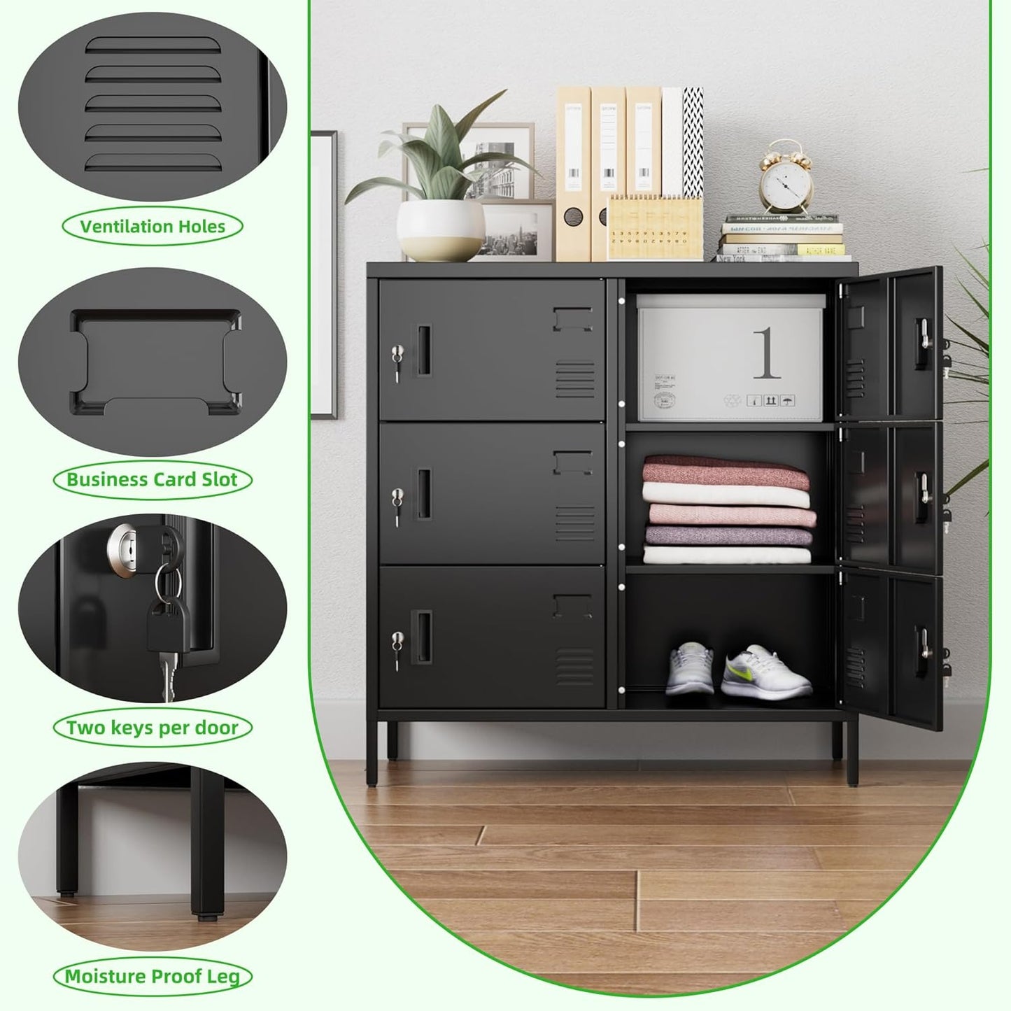 S‌UPEER 6 Doors Metal Storage Locker with Card Slot,Metal Locker for Employees with Keys and Ventilation Holes,Suitable for Office, Home, Bank, School,Gym,Requires Installation,Black