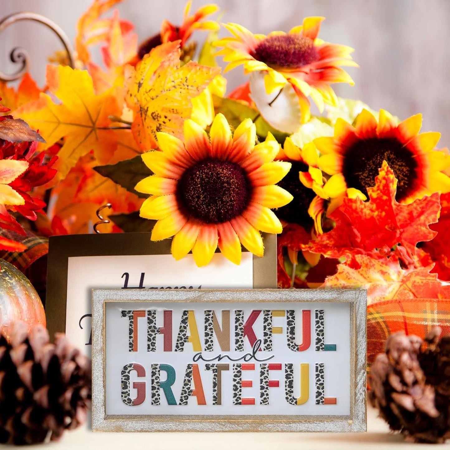Embossed Thankful and Grateful Sign, Thanksgiving Decorations for Table Cubicle Desk Mantel Fireplace, Vintage Thanksgiving Home Decor Leopard Print Wooden Sign