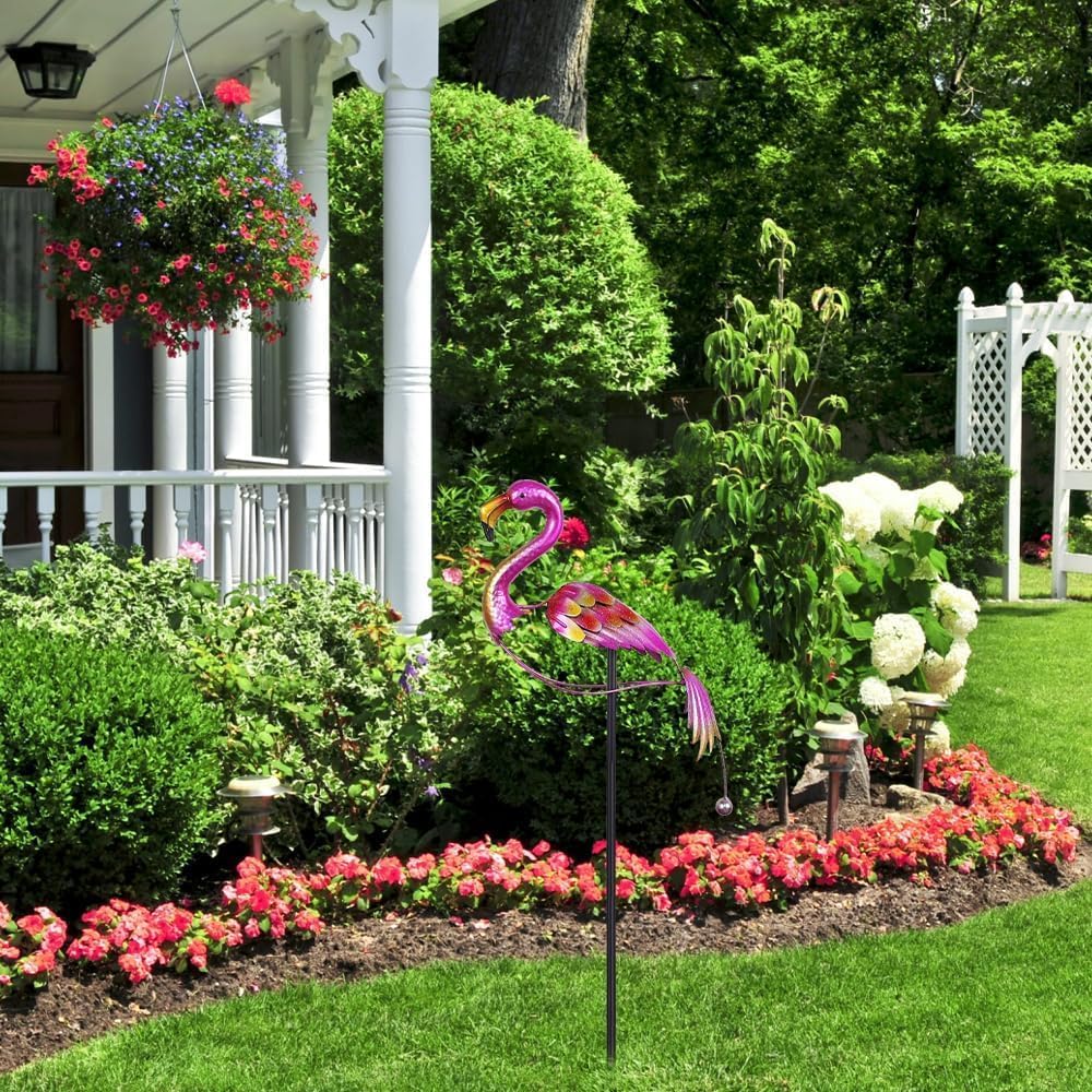 hogardeck Garden Decor for Outside, 47" Metal Flamingos Decorative Garden Stakes Balancing Rocker for Yard Art, Outdoor Heavy-Duty Wind Sculpture Shaking Ornament for Lawn Patio Porch Decorations