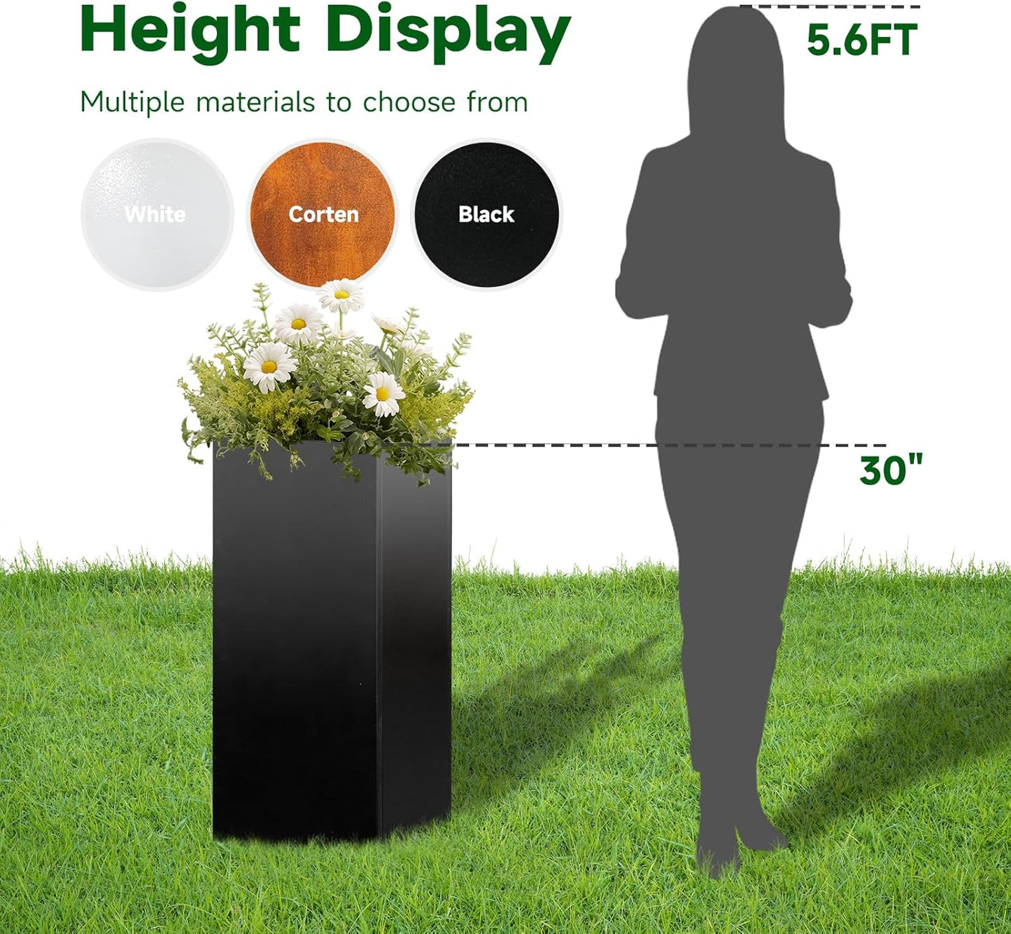 Galvanized Steel Metallic Heavy Planter for Outdoor Plants Metal Planters Box 14"x14"x30" Spliced Flower Planter with Partitions for Outside,Indoor,Garden (Black, 14 * 14 * 30)