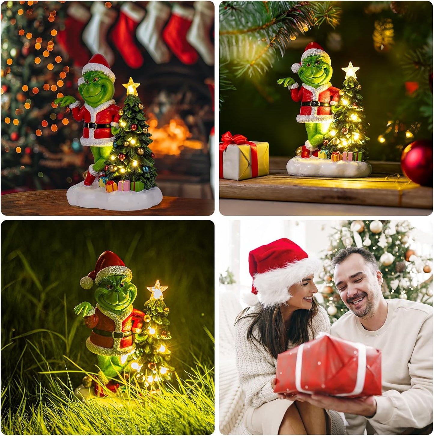 Solar Garden Outdoor Statues Green Monster with Christmas Tree and 6 LED Lights-Christmas Lawn Deco Statue for Patio, Balcony, Yard Ornament - Unique Christmas Housewarming Gifts