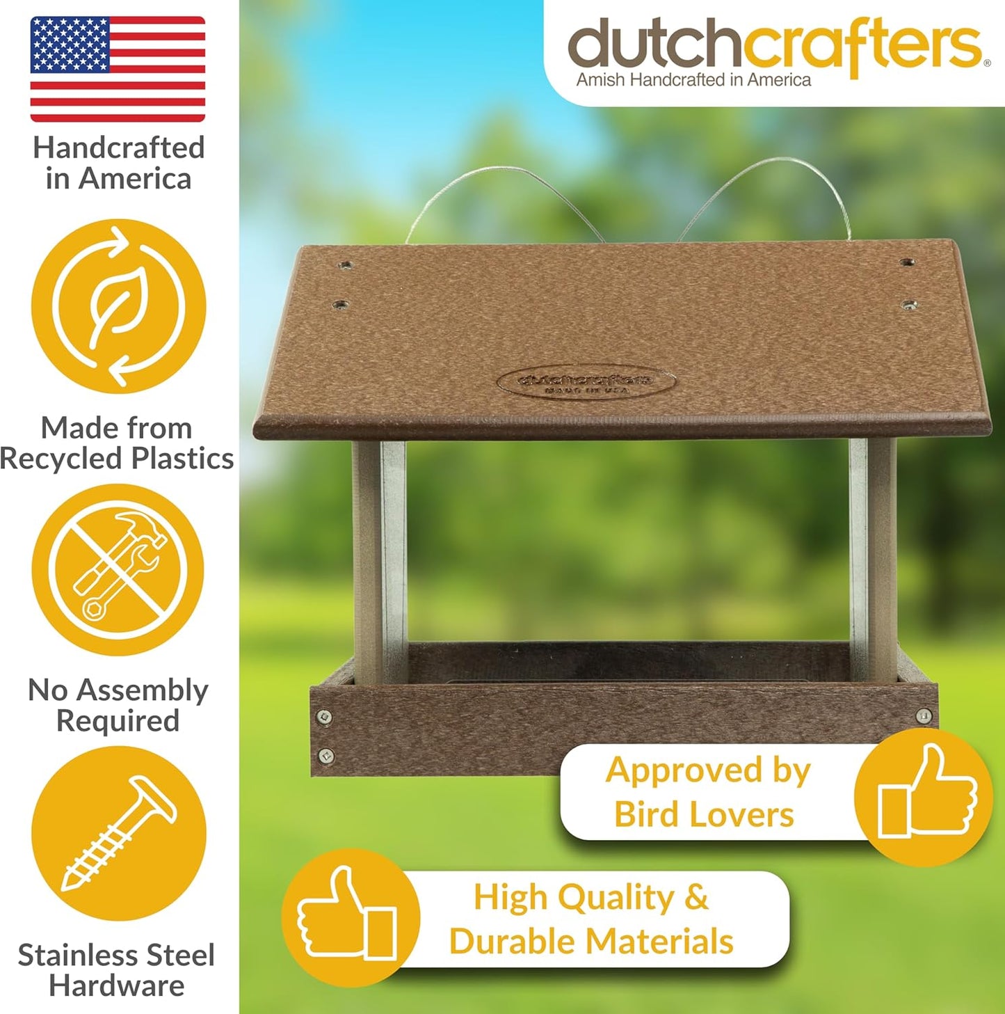 Poly Hanging Hopper Bird Feeder, Large Hanging Bird Feeder for Outside, Outdoors - Amish American Made (Tudor Brown & Weatherwood)