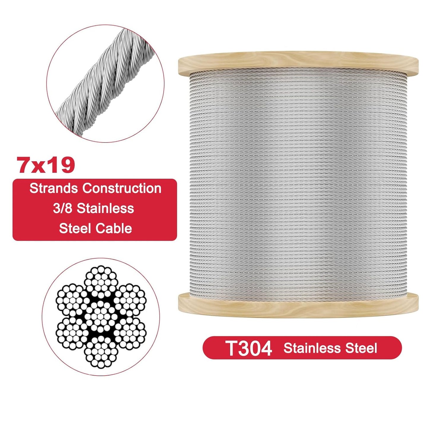 3/8 Stainless Steel Cable with 7x19 Strands and 12000lbs Breaking Strength 304 Stainless Steel Wire Rope for Aircraft Cable 150FT