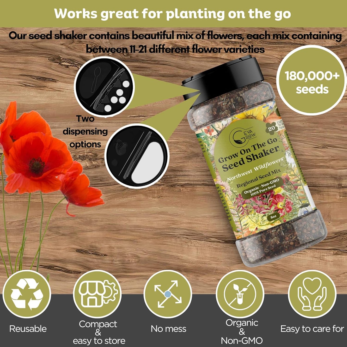 Geva Grow on The Go Seed Shaker - Northwest Wildflower Seeds Regional Mix - Organic, Non-GMO - 100% Pure Seed - 20 Different Wildflowers Seeds of Annual and Perennial, 8oz