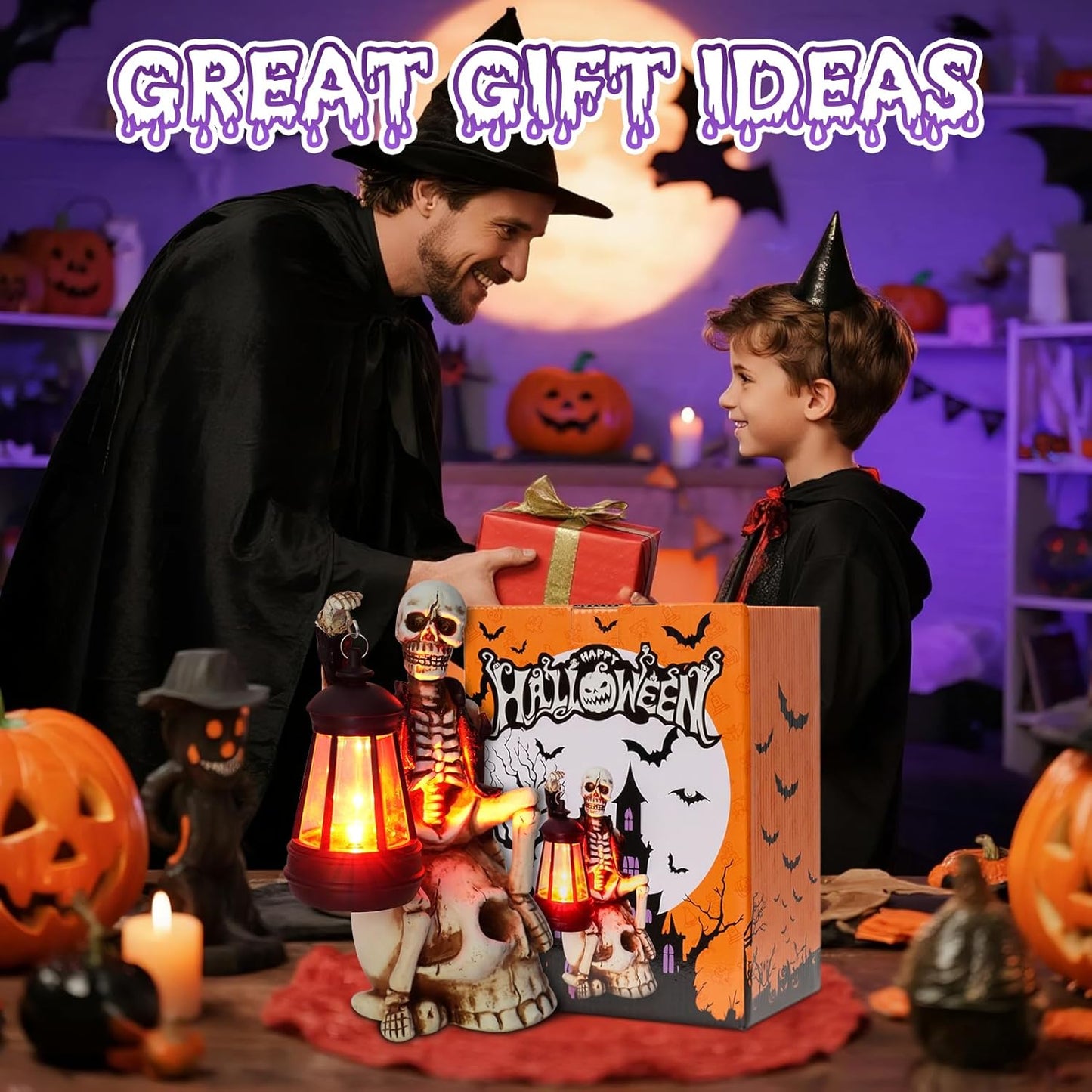 2025 Solar Halloween Decorations Outdoor,Skeleton Figurine Halloween Table Decoration for Outdoor,Skull Statue with Red LED Lantern,Skull Decor for Patio Lawn Yard Balcony Garden Home