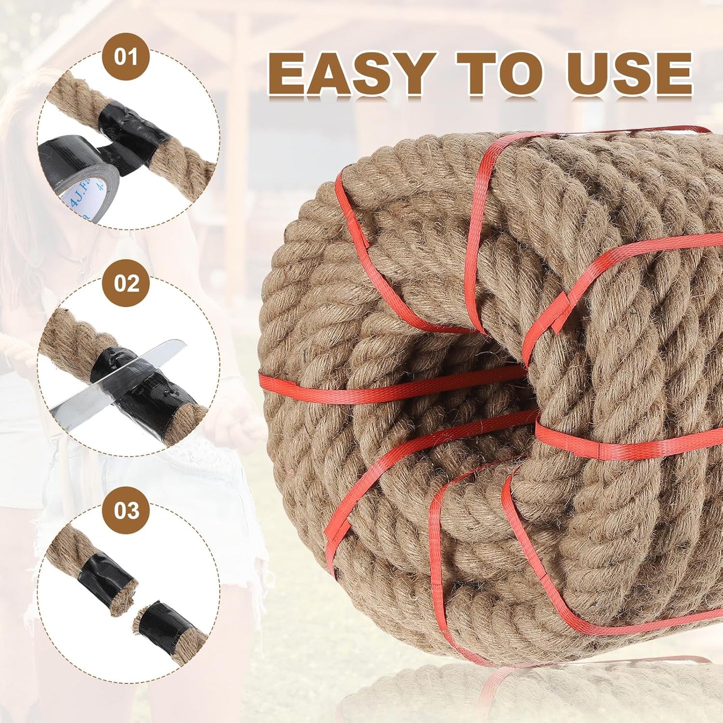 MECCANIXITY Jute Rope 0.55 Inch x 49ft, Thick Twine Rope Ropes Braided Jute Twine Natural Brown Burlap Cord String Heavy Twisted with Tape for Decorative Crafts Railing Swing Tug of War