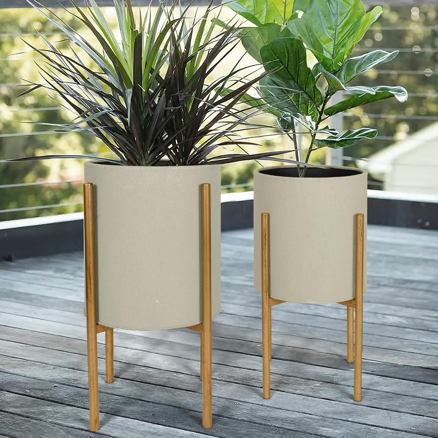 Oakrain Plants Pots with Stand, Set of 2 Planters for Indoor Plants, Modern Decorative Metal Flower Pots for Living Room, Garden, Balcony, 10"&12", Cement Gray Frosted