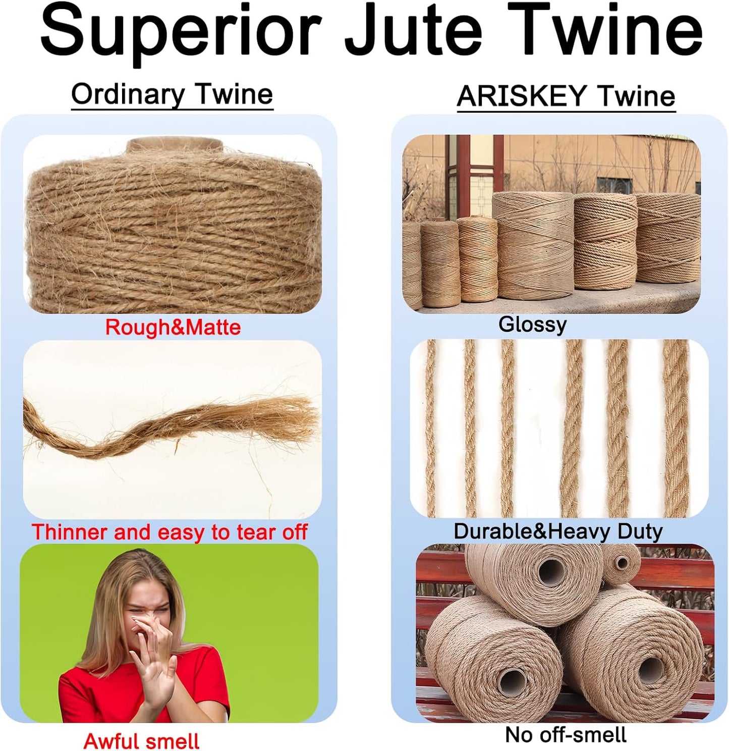 ARISKEY Natural Jute Twine,3Ply String for Crafts 1640 Feet Long Cord Suitable for Crafting,Gardening,Tomato, Climbing Plant,Tie Floristry,Strong Enough for Outdoor Heavy-Duty Use