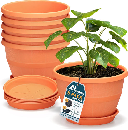 10-Inch Whiskey Barrel Planters Outdoor Pack of 5 - Durable Plastic Plant Pots for Indoor & Outdoor Use with Drainage & Saucer, Lightweight Rustic Barrel Planters for Flowers, Herbs & Small Plants