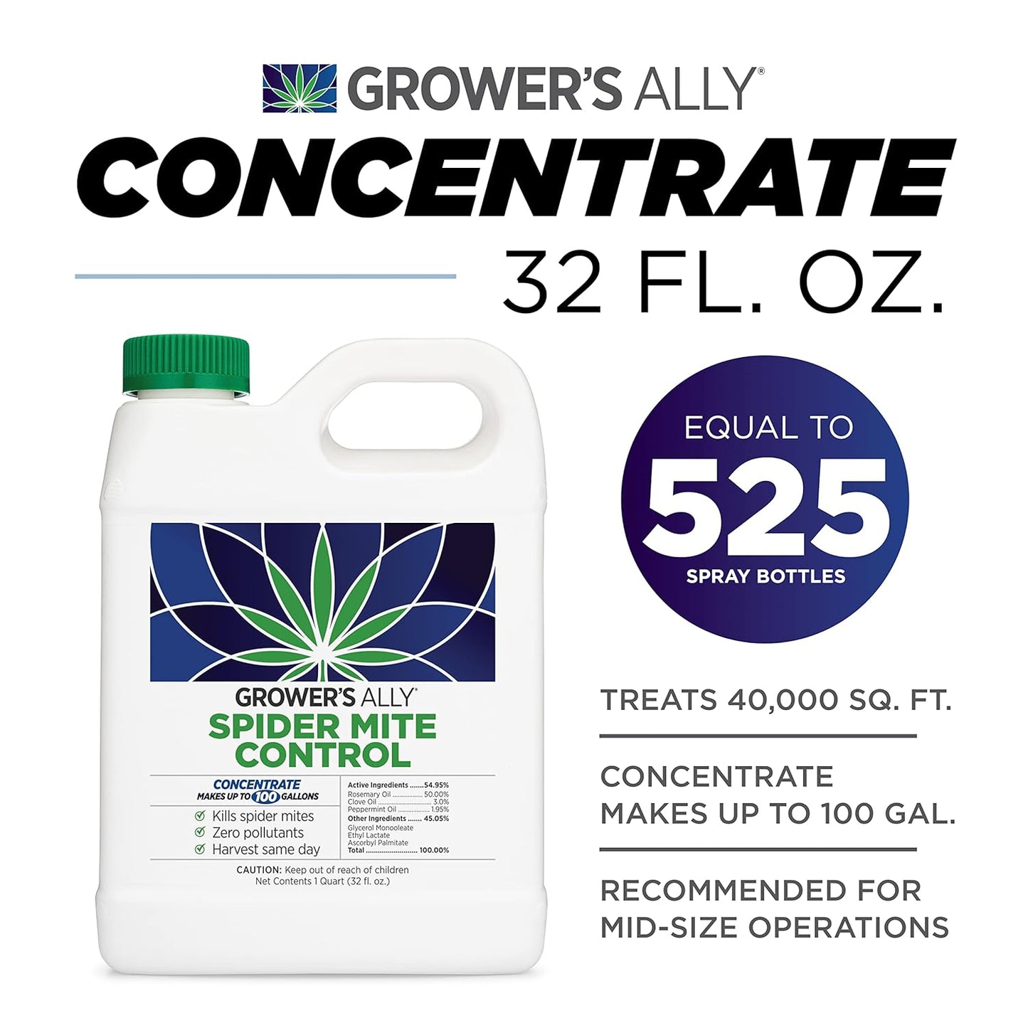 Grower's Ally Spider Mite Control Concentrate 1 qt | Natural Spider Mite & Insect Killer with Rosemary Oil - Trusted by Cultivators for Indoor and Outdoor Use - Makes 100 Gallons