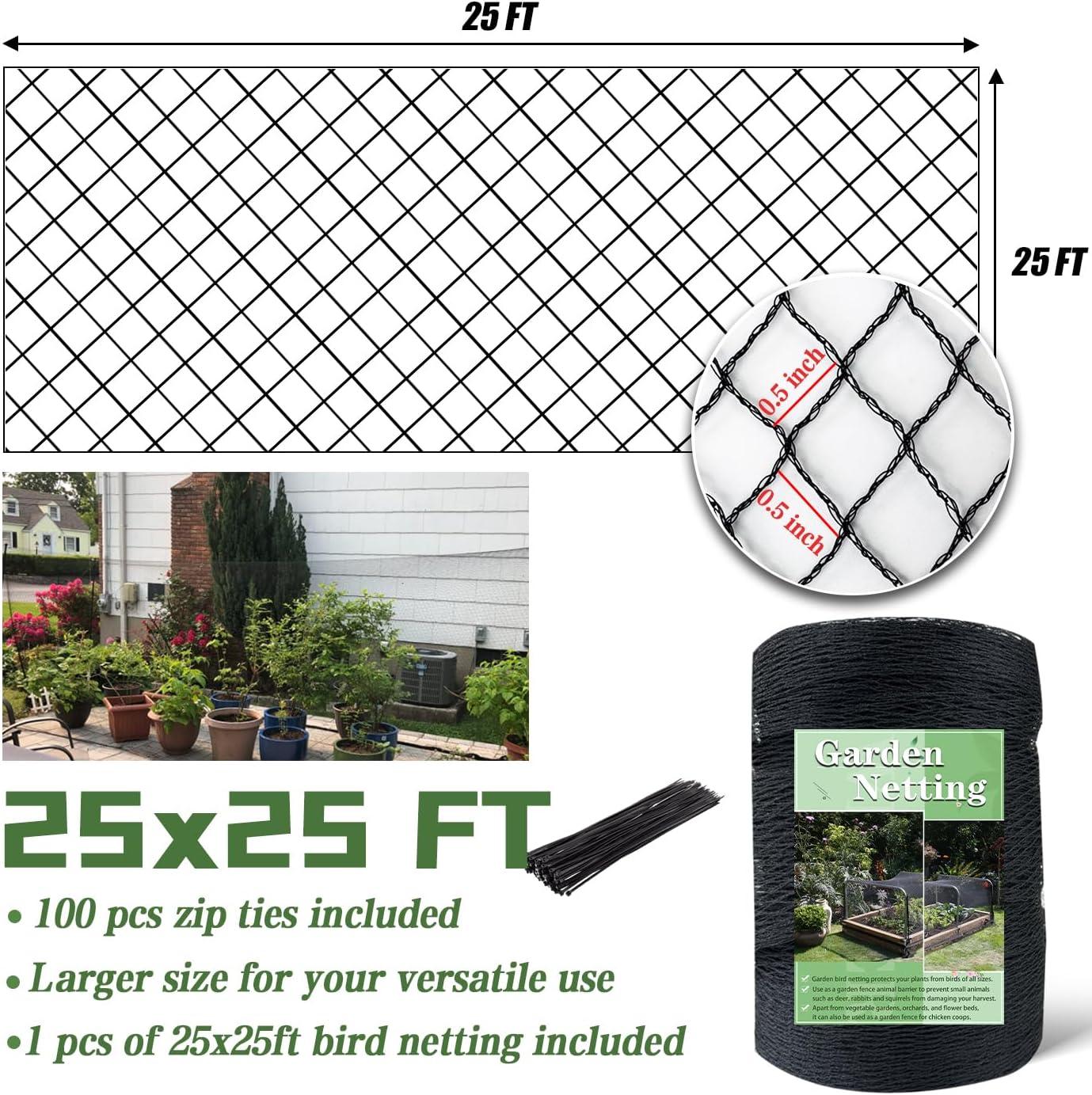 Bird Netting，25 x 25 FT Garden Netting Bird Net for Chicken Coop, Poultry Netting Fence for Fruit Trees, Plants and Vegetables Against Birds, Deer, Squirrels and Other Animals