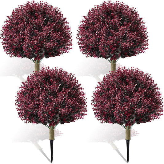 Yunlly 4 Pcs 18 Inch Artificial Boxwood Ball Topiary Tree Fake Outdoor Plants Bush, UV Resistance Faux Shrub with Spike Realistic Greenery Potted for Indoor Garden Yard Porch Patio Decor (Dark Purple)