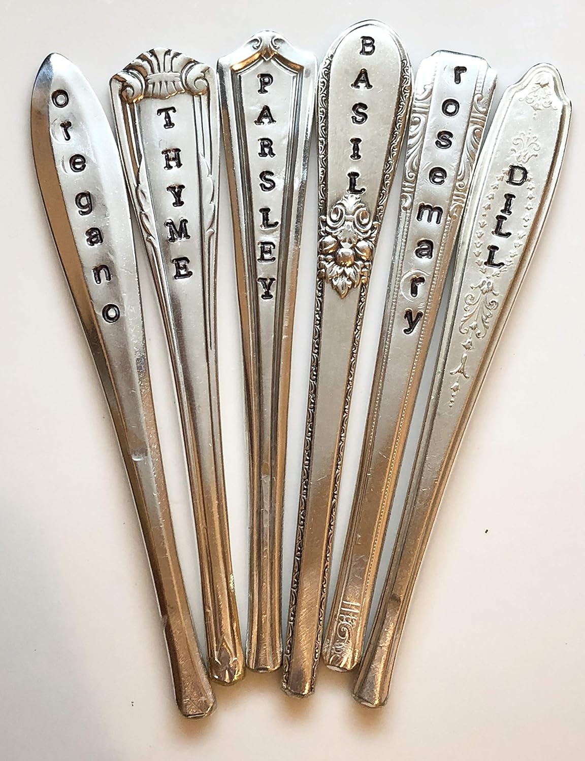 Herb Markers Set of 6 GARDEN stakes Made From Vintage Spoon Handles Oregano, Basil, Parsley, Rosemary, Thyme, Dill. Garden Markers Herb Labels