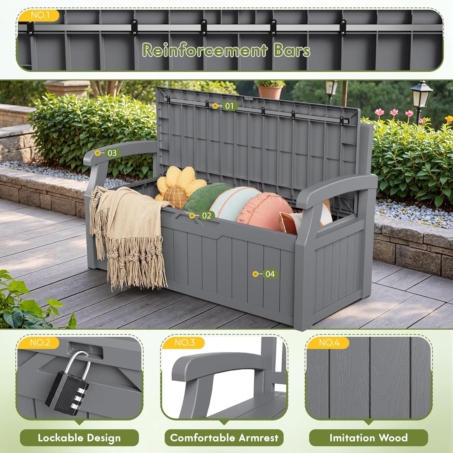 Greesum 80 Gallon Storage Bench Outdoor Deck Box with Armrest, Patio Furniture,Lockable, Waterproof and UV Resistant, Suitable for Garden, Pool, Grey
