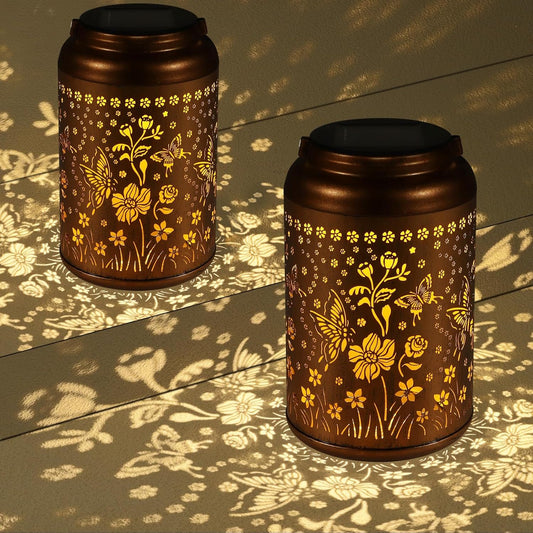 2 Pack Solar Lanterns Outdoor Waterproof, Butterflies Garden Decor Gifts for Women Mom Grandma Hanging Solar Lights Metal Decoration Outside for Yard, Patio