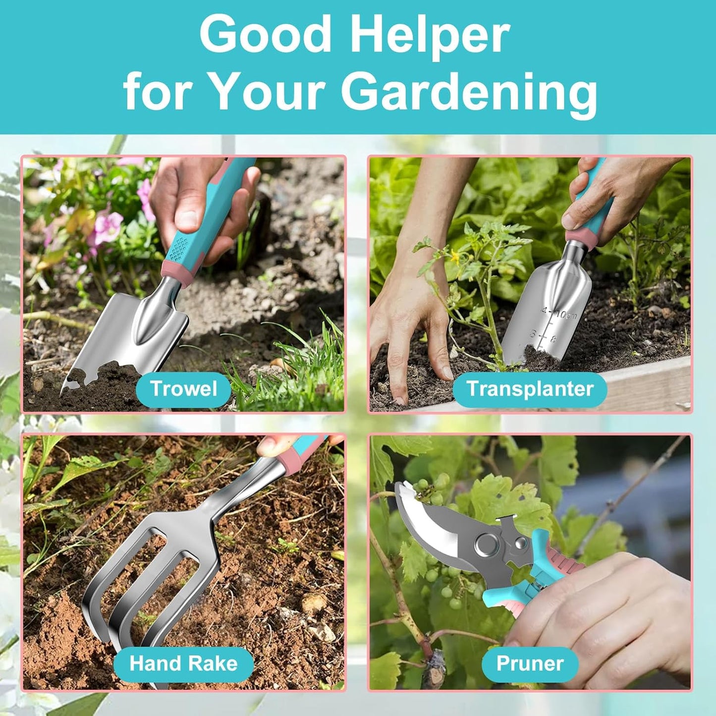 6 Pcs Garden Tool Set, Gardening Hand Tools Aluminum Alloy Starter Kit with Garden Bag, Heavy Duty Outdoor Tool Set with Ergonomic Handle, Gardening Gifts (No Flower Pattern)