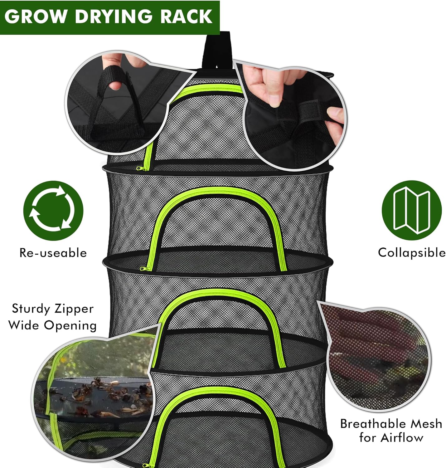 Herb Drying Rack Hanging Mesh 8 Layer 24" with Zipper, Garden Pruning Shear, Hook & Carabiner Clip for Drying Herbs, Plants, Seeds, Buds | Hydroponics & Grow Tents Herb Dryer Hanging Rack