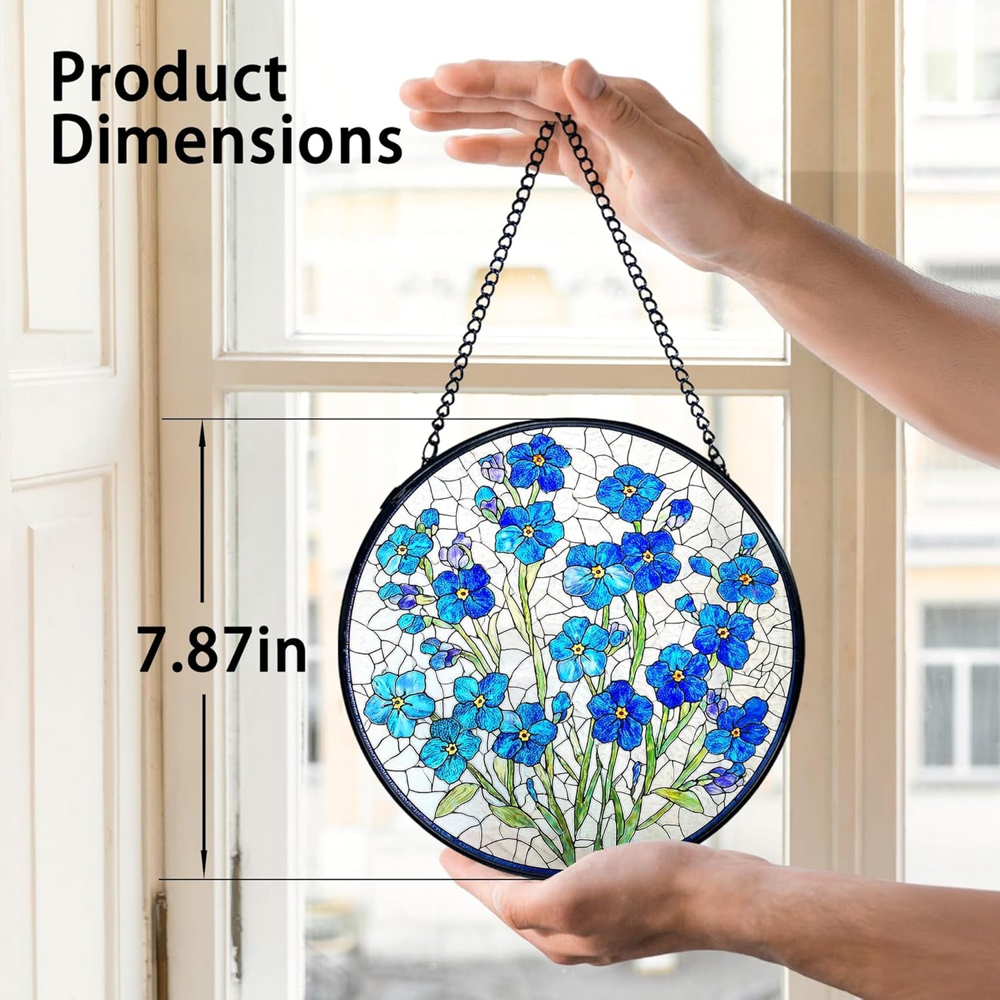 TNUW Blue Forget Me Not Flower Stained Glass Window Hanging, Blue Floral Sun Catchers Indoor Window Glass Round Wall Art Decor, Floral Botanical Wall Hanging Decorations, 7.9＂x7.9＂