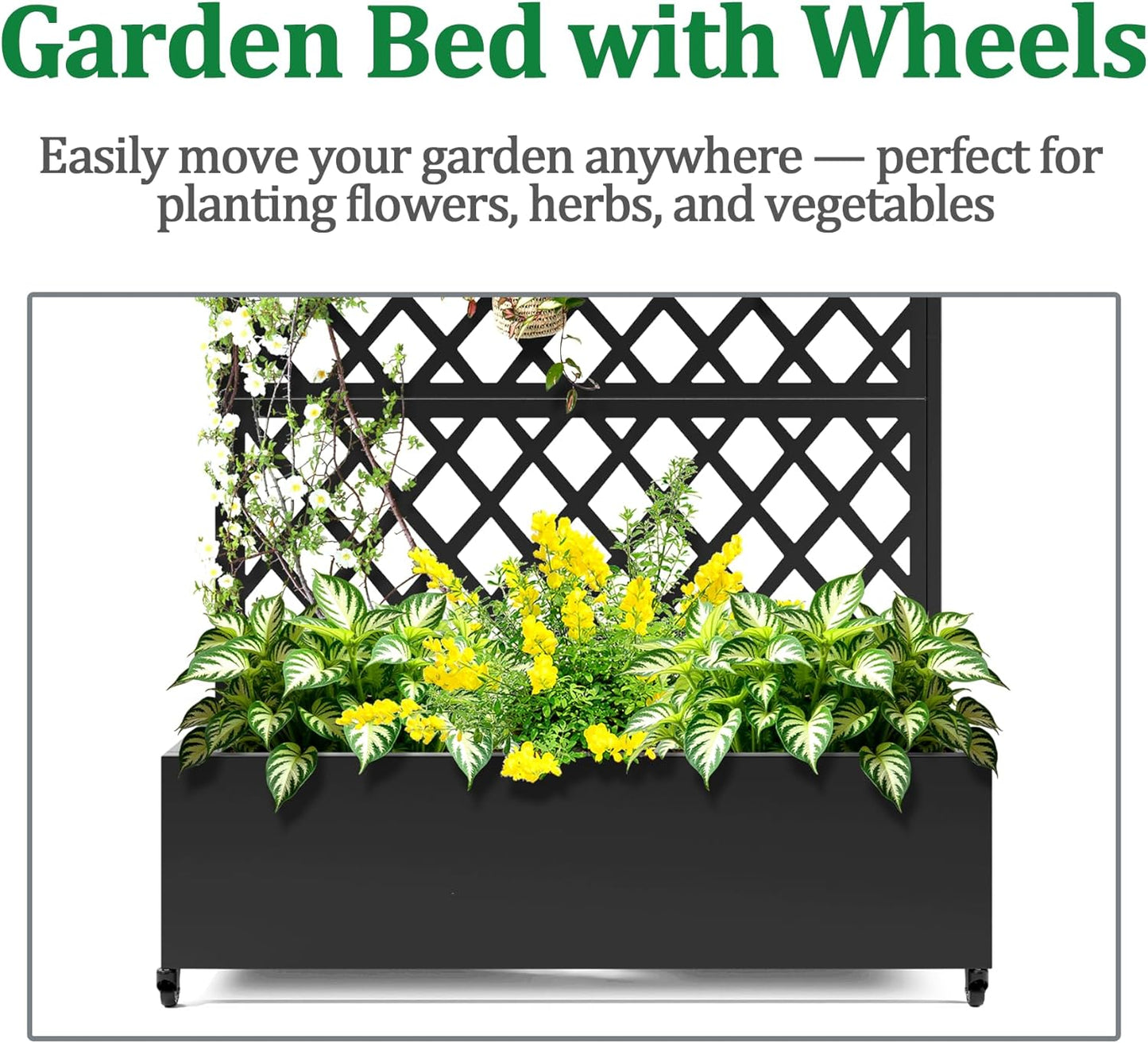 Metal Raised Garden Bed with Trellis and Wheels, 2 in 1 Trellis with Planter Box & Privacy Screen for Climbing Plants, Outdoor Standing Flower Beds with Drainage Holes, 35.4"L x 15.7"W x 70.9"H, Black