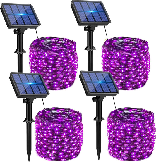 4 Pack Solar String Lights Outdoor - 320LED 132FT Halloween Solar Fairy Lights Outside Waterproof, 8 Modes Purple Solar Powered Twinkle Lighting Decorations for Tree Garden Yard Spooky Patio Party