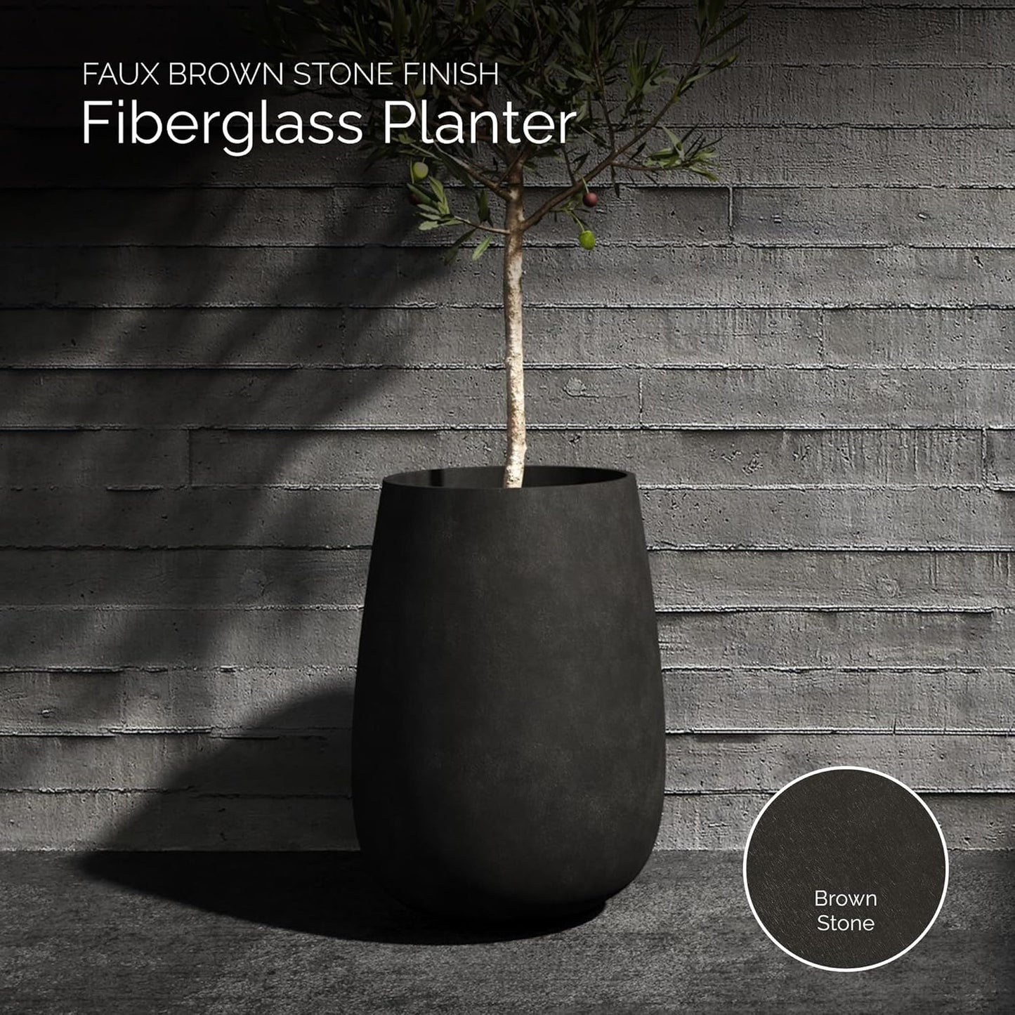 Mondo High Tall Planter – Brown Stone Finish – Fiberglass Indoor/Outdoor and Weather-Resistant Round Planter (25.6" D x 35.6" H Exterior, 20.3" D x 35.4" H Interior)