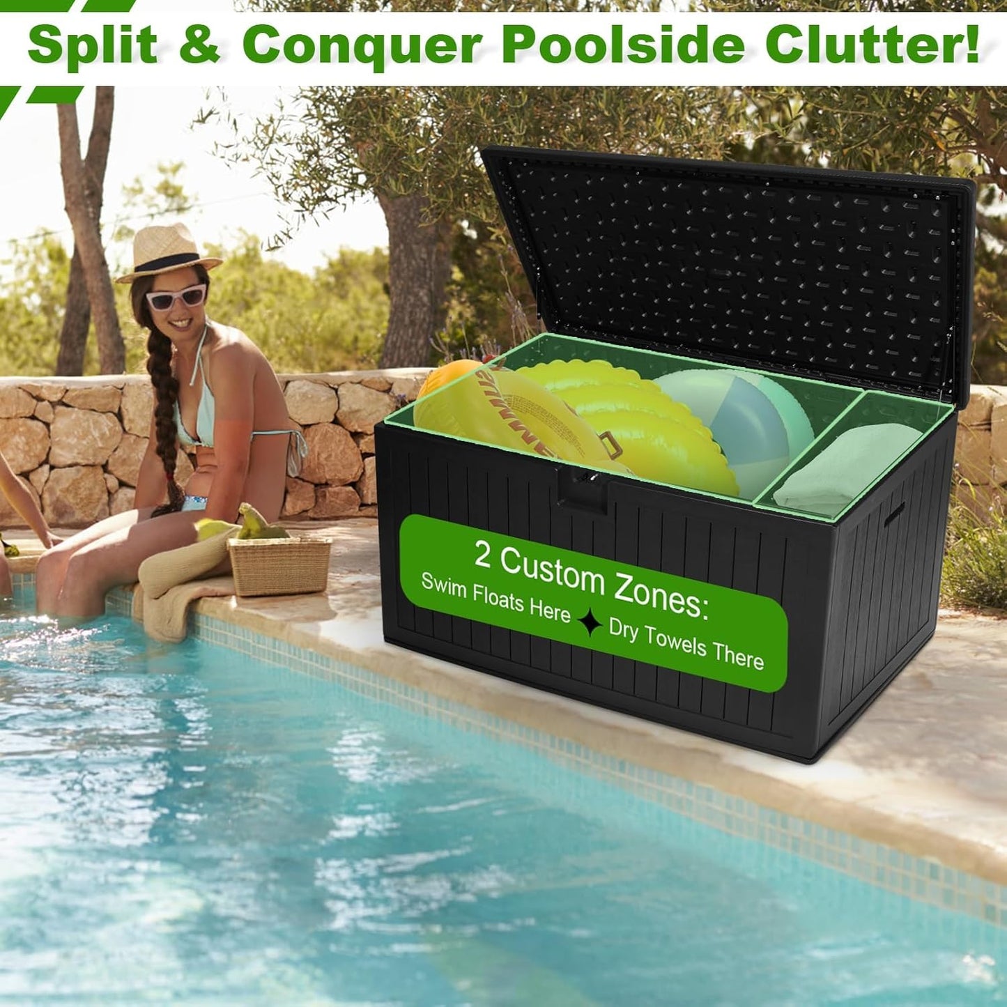 260 Gallon Outdoor Storage Box Waterproof, Extra Large Plastic Outside Deck Box Weatherproof, Resin Outdoor Cushion Storage Container with Lock and Lids for Cushion and Pool Equipment, Black
