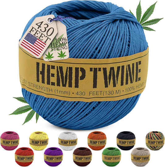 Hemp Twine for Gardening - Twine for Crafts - Organic Natural Hemp String for Jewelry Making - Strong Durable Cord for Decoration, Macrame + Cooking - 1MM, 100G/430 Ft. - 20 lb. Test Strength - Blue