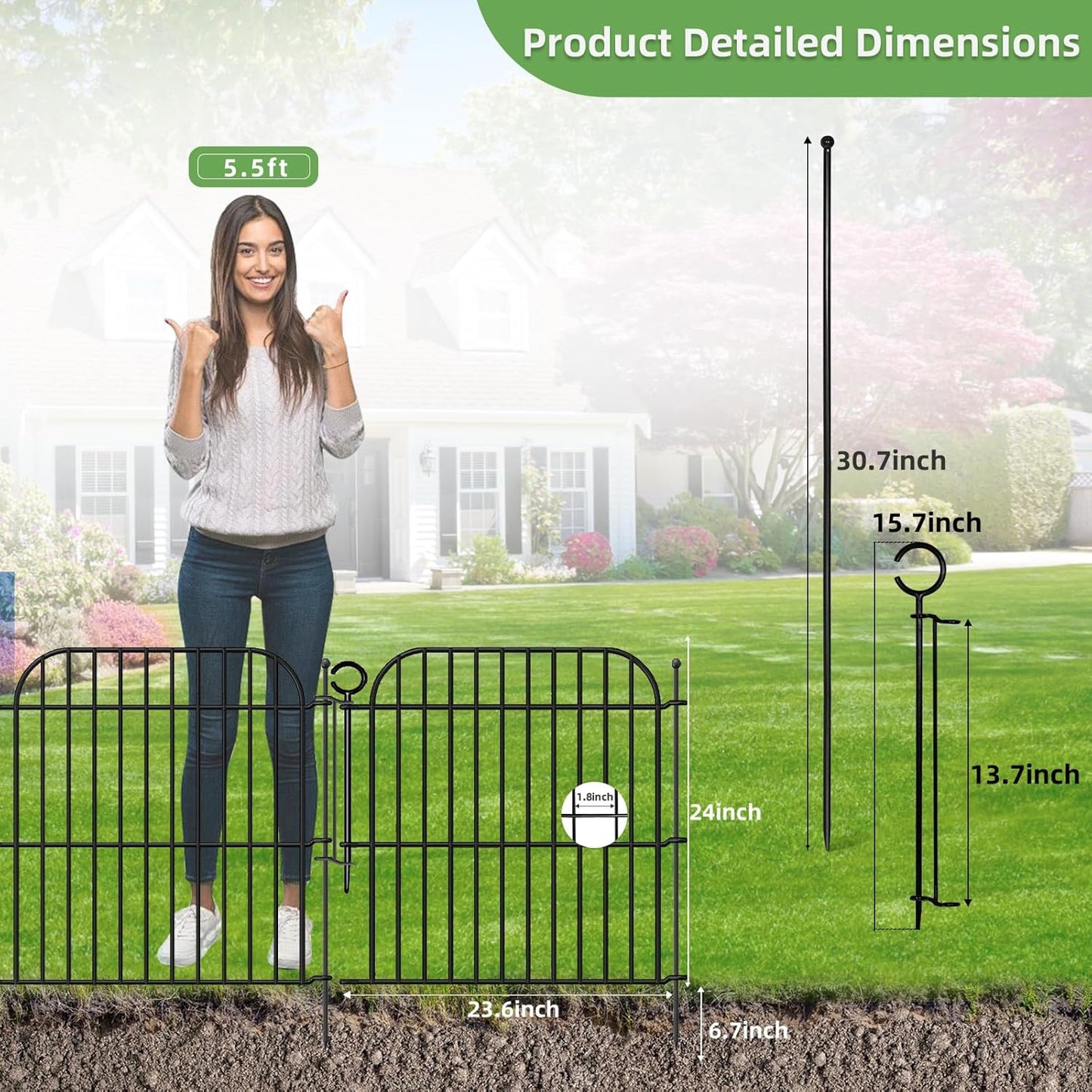 10 Panels No Dig Decorative Garden Fence with Gate, 24 in(H) x 20 ft(L) Rustproof Metal Wire Fencing Border for Yard Outdoor Decor, Temporary Animal Barrier with Stakes for Small Pets
