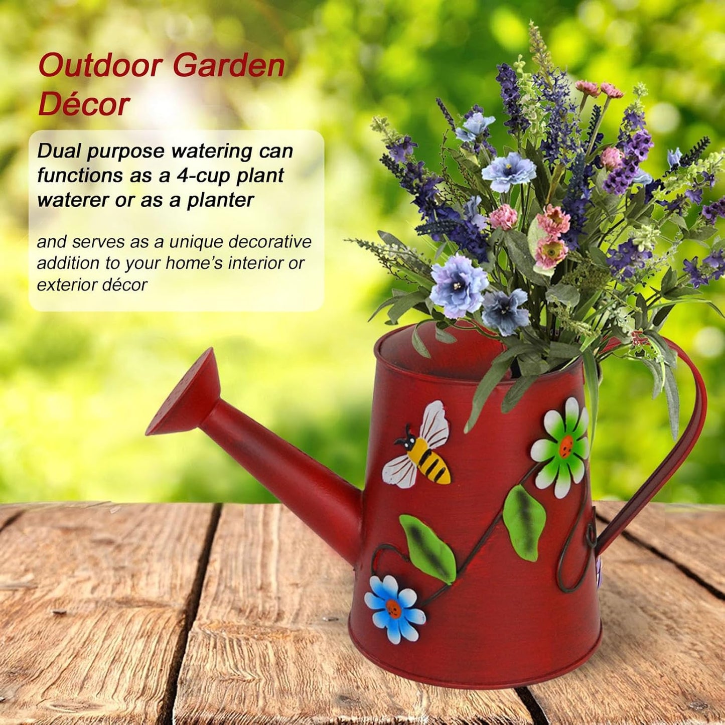 Decorative Wild Flower & Bee Metal Watering Can (Vol: 4 Cups) | Small Red Watering Can | Garden Décor Housewarming Gift for Mother Women Friends Gardeners