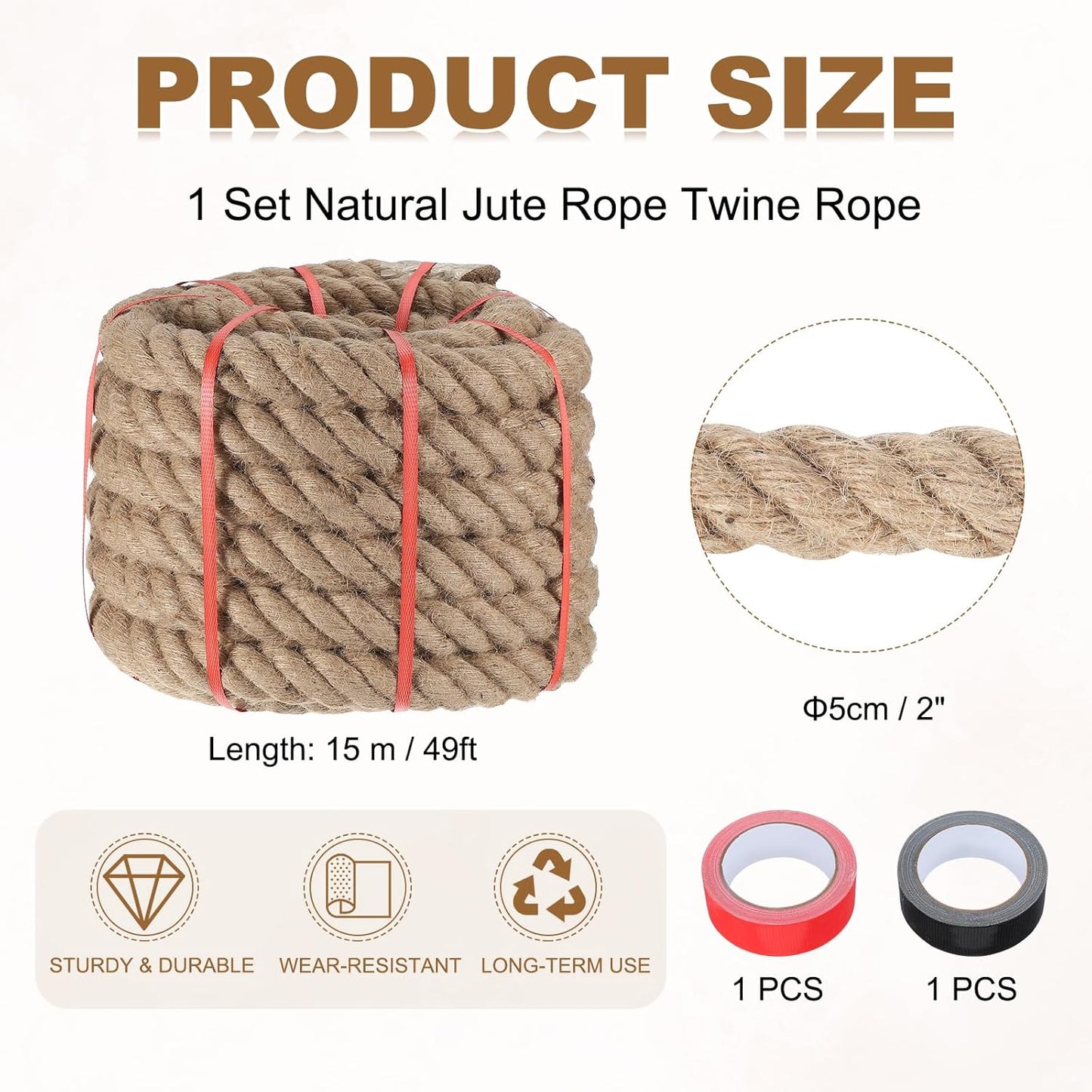 MECCANIXITY Jute Rope 2 Inch x 49ft, Thick Twine Rope Ropes Braided Jute Twine Natural Brown Burlap Cord String Heavy Twisted with Tapes for Decorative Crafts Railing Swing Tug of War