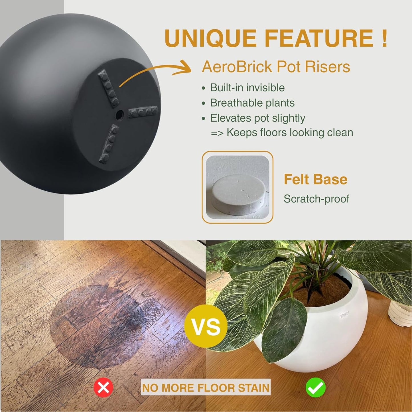 16" H x 20" D Globo Fiberstone Round Planter with Drainage Hole, Weather Resistant, Smooth Finish, Planters for Indoor Plants & Outdoor, 2 Extra Coco Mats (Black, 13.5" Pot Opening)