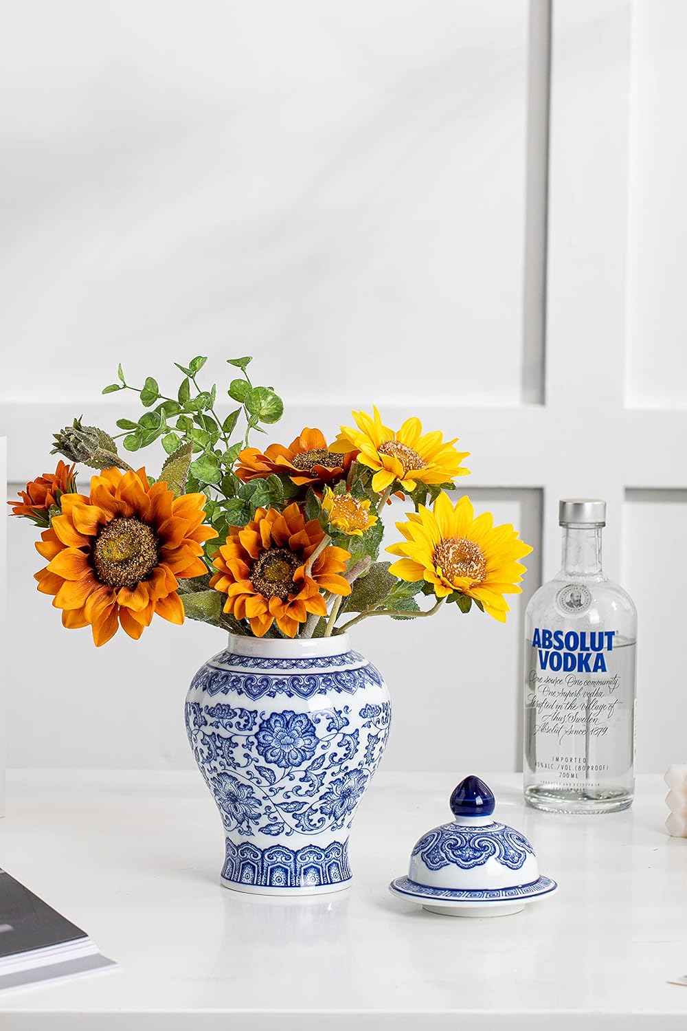 Blue and White Ginger Jar, Ceramic Chinoiserie Decorative Jars for Home, Office, Flower Vase Pocelain, Glossy Vase for Table, Living Room, Bookshelf, Mantle Fireplace, Centerpieces, 9.8"H