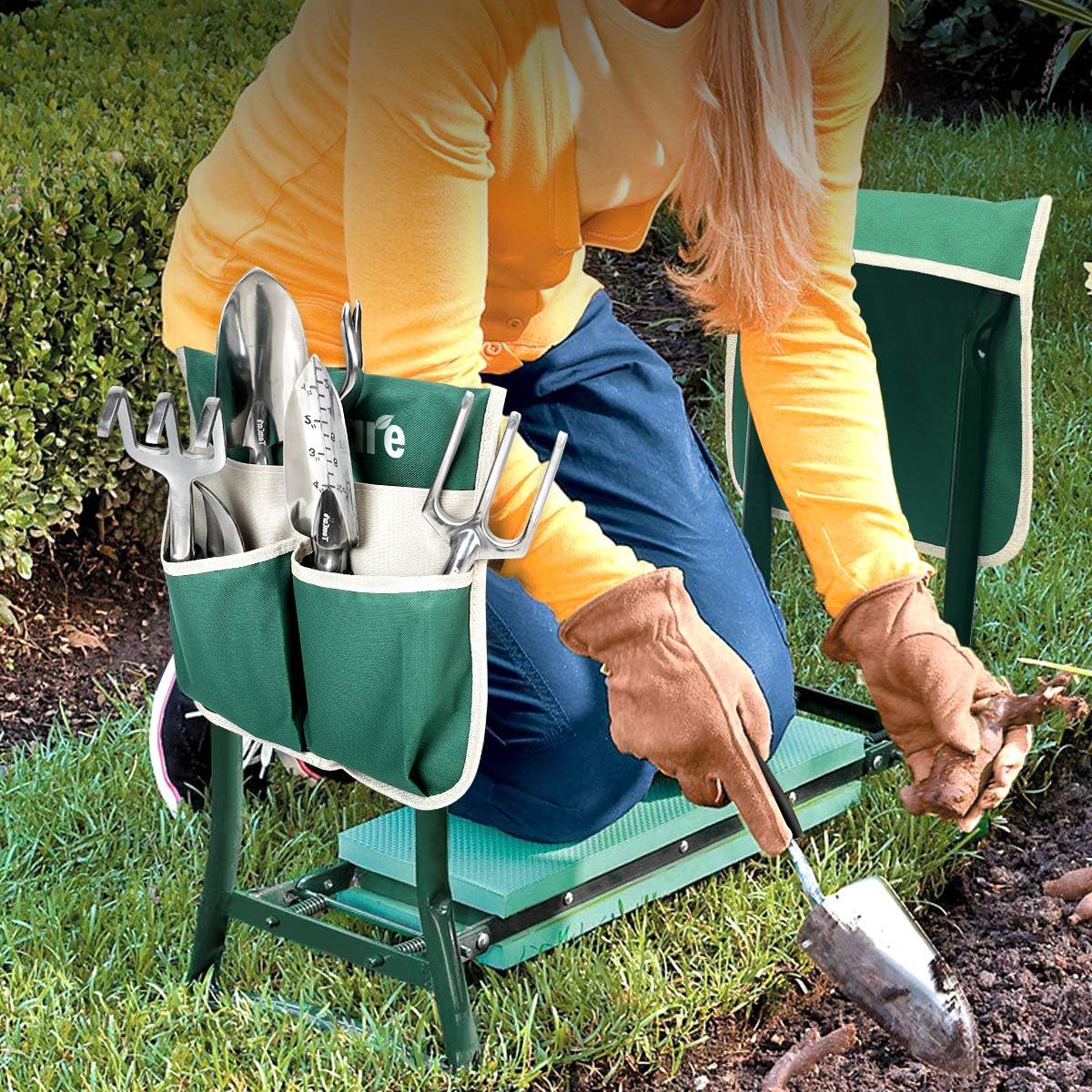 TomCare Upgraded Garden Kneeler Seat Widen Soft Kneeling Pad Garden Stools Garden Bench with 2 Large Tool Pouches Outdoor Foldable Gardening Gifts for Women Men Gardeners, Green
