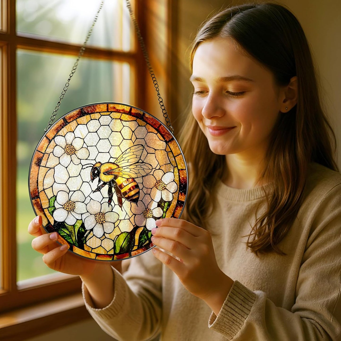 Bee Wildflowers Stained Glass Suncatcher, Stained Glass Window Hanging, 8 Inch Honey Bee Suncatcher, Honeybee Gifts for Garden Lovers, Gifts for Mother's Day, Teacher Gift, Grandma Gift