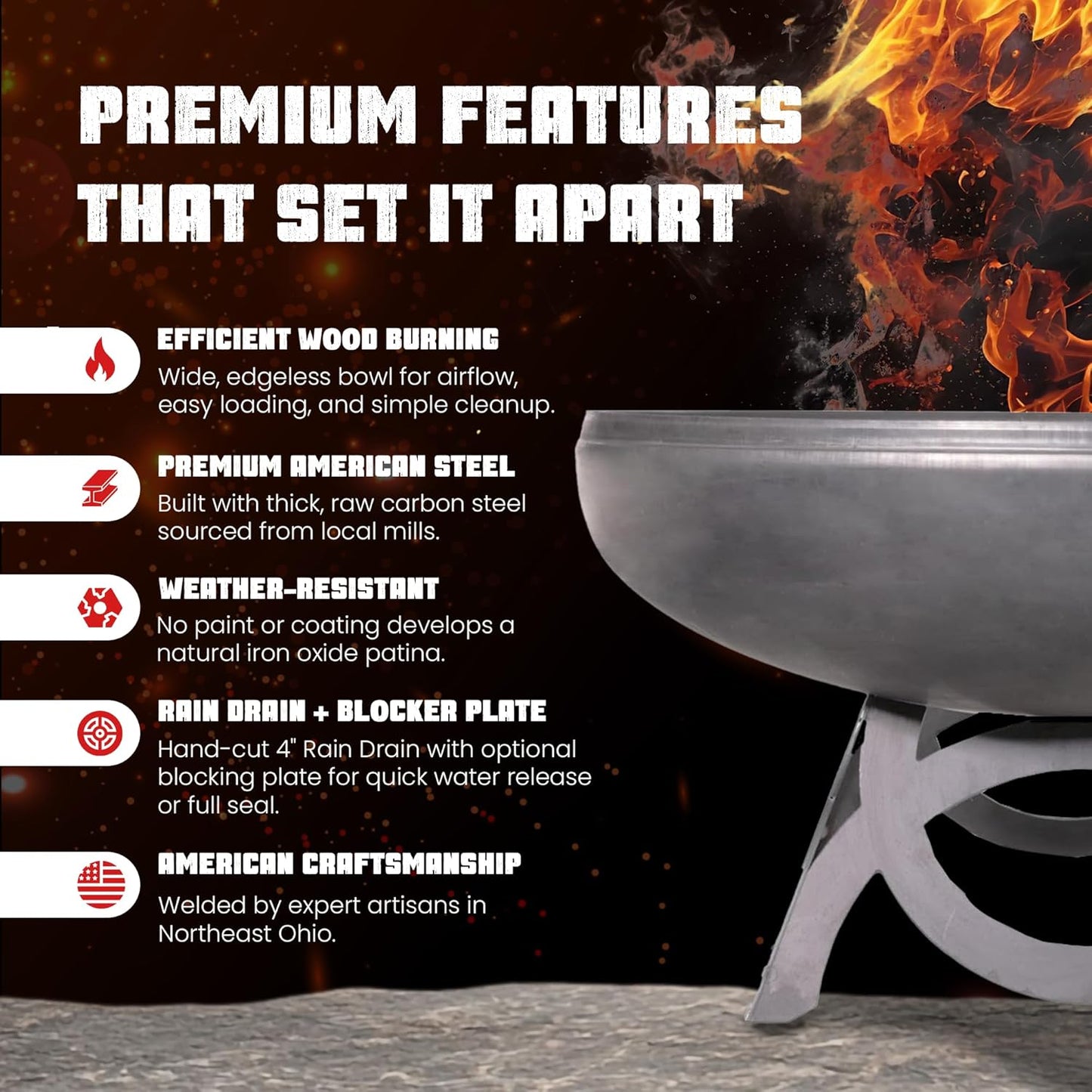 Liberty Fire Pit – Ohio Flame Wood Burning Outdoor Fire Pit - 42" Diameter with Curved Base (Made in USA)
