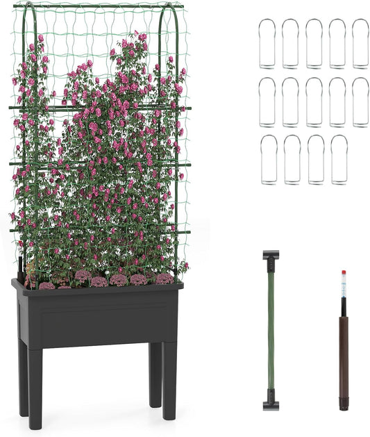 HAPPYGRILL 4-in-1 Raised Garden Bed with Climbing Trellis, Self-Watering Elevated Planter with Water Level Indicator, Drainage Hole, Outdoor Plastic Planter Box with 4 Detachable Legs for Garden Lawn