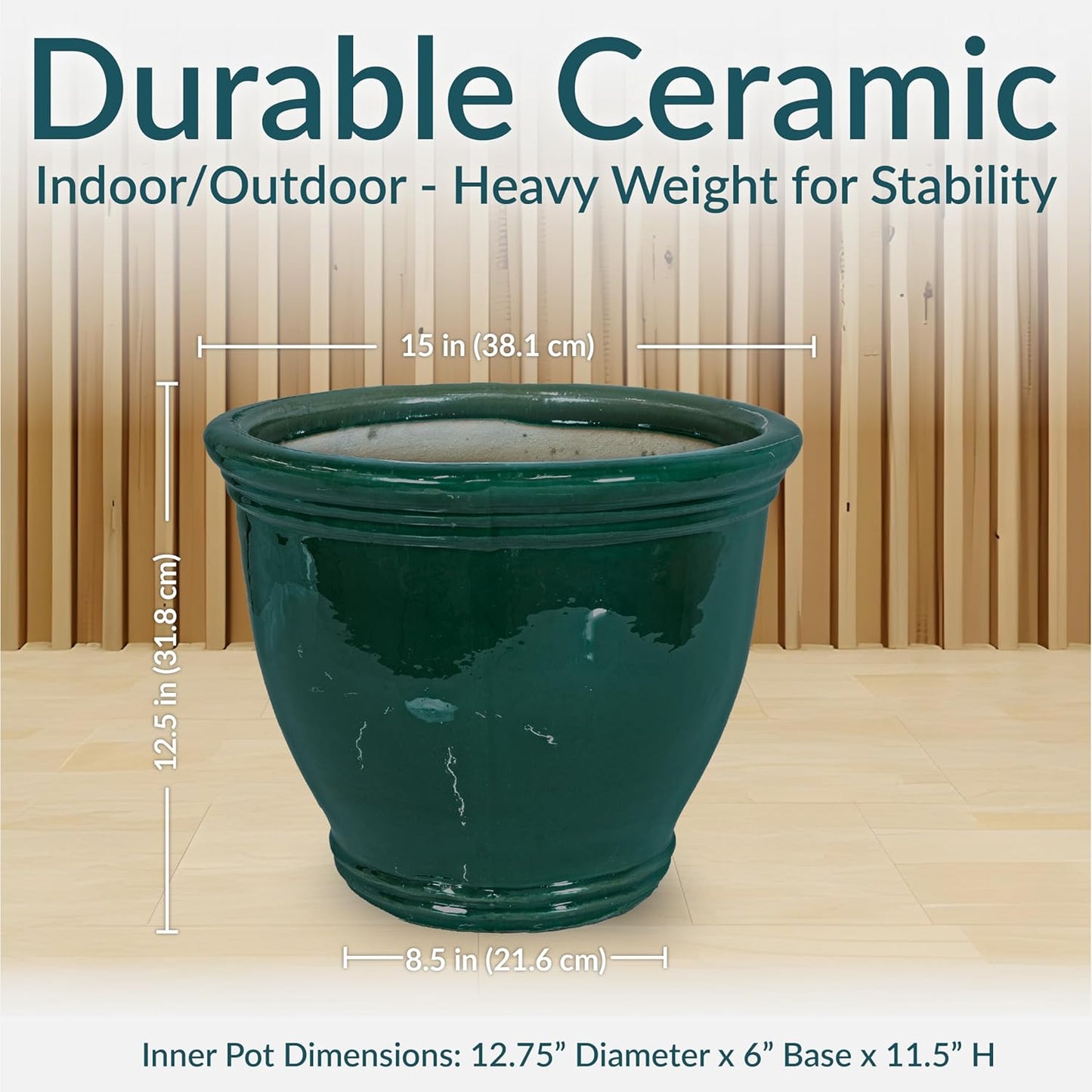 Sunnydaze Studio Large Ceramic Plant Pot - Round Outdoor Glazed Ceramic Planter Pot with Drainage - Dark Green - 15 in