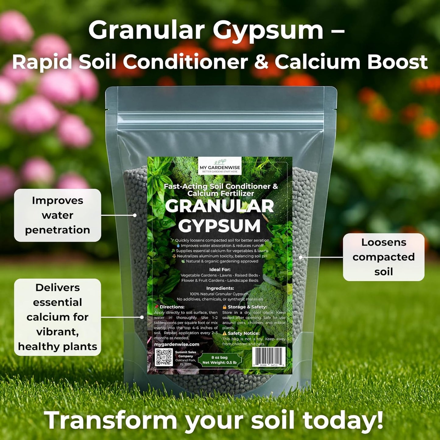 Gypsum for Soil - Calcium for Plants - Gypsum Fertilizer for Gardening, Lawn & Vegetables - Calcium for Garden (1/2 qt. - 1 lb.)