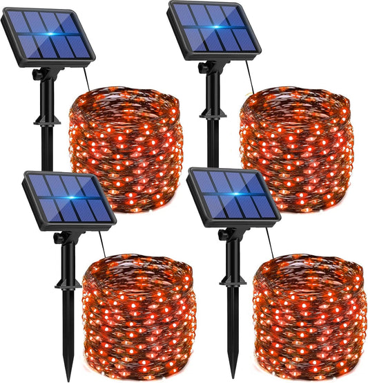 4 Pack Solar Halloween String Lights Outdoor - 320LED 132FT Orange Solar Fairy Lights Outside Waterproof, 8 Modes Solar Powered Twinkle Lighting Decorations for Tree Garden Yard Spooky Patio Party