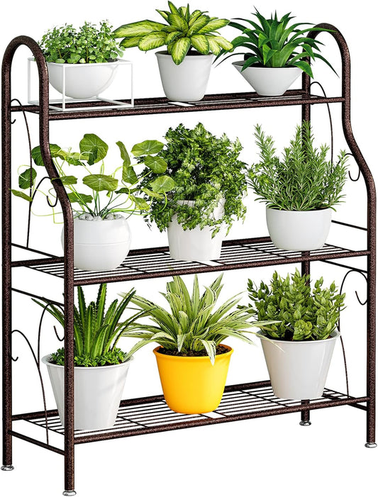 SORCEDAS Plant Stand Indoor Outdoor Plant Shelf 3 Tier Metal Corner Flower Stand Multiple Holder for Patio Garden Balcony Living Room, Bronze