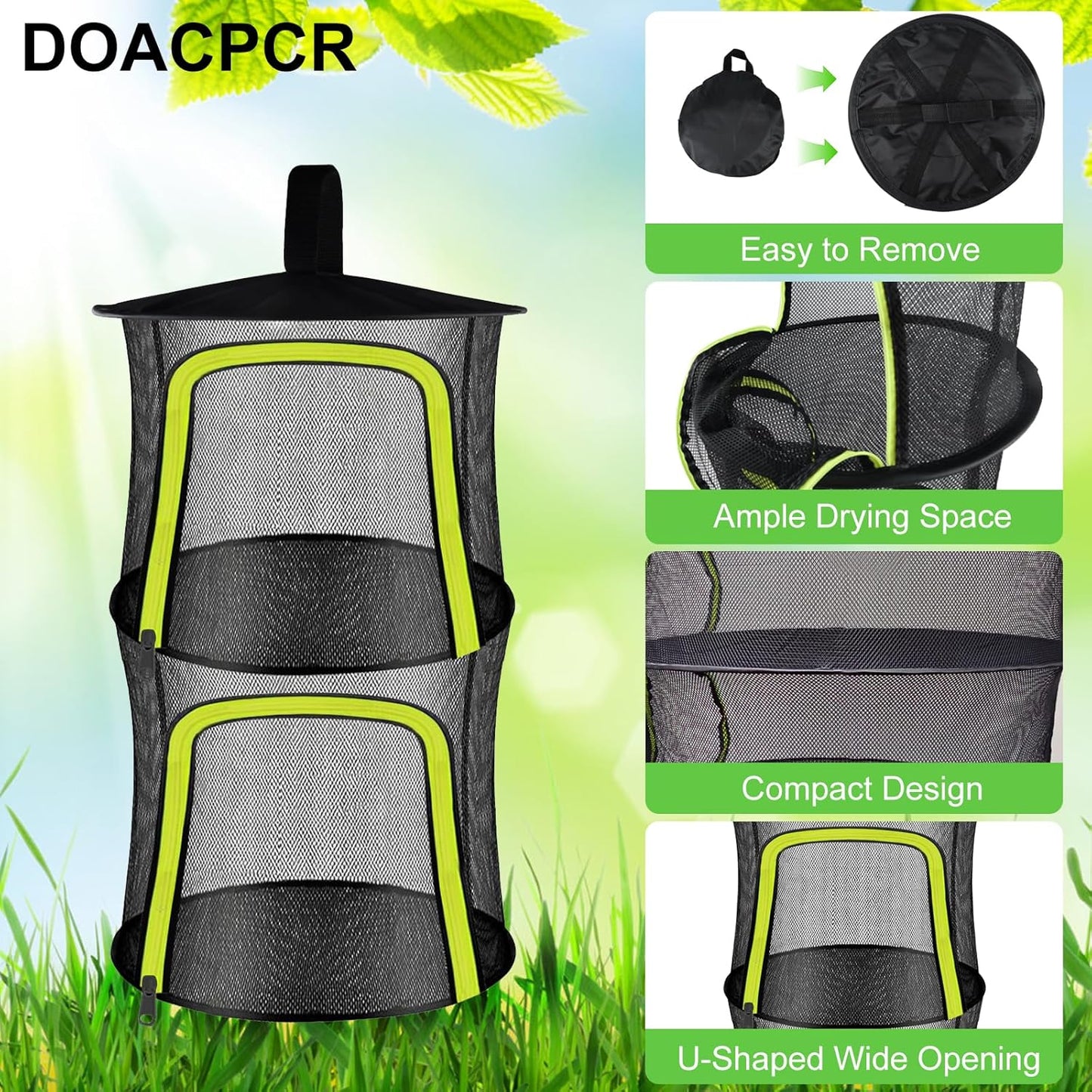 2 Layer Herb Drying Rack, Small Herb Drying Rack Hanging Mesh, Foldable Fish Drying Net with U-Shaped Zipper, Hooks, for Drying Herbs Plants, Flowers, Fruits, Food, Camping(2 Layers-11.81'')