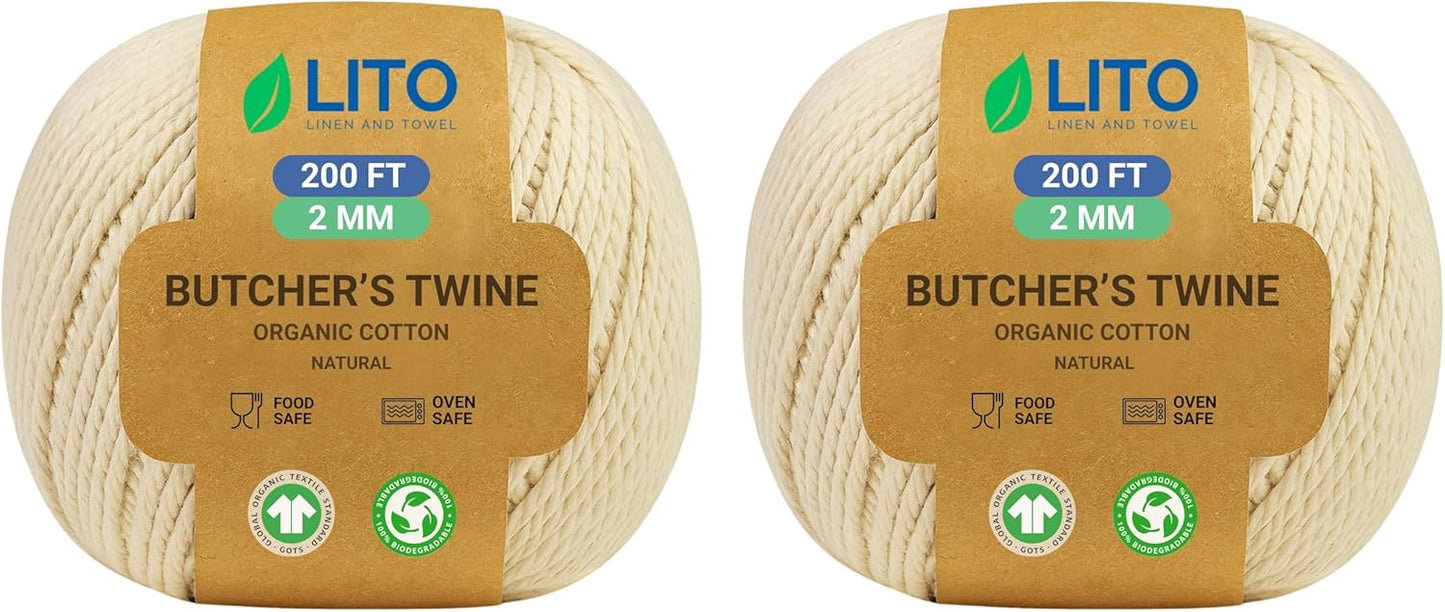 Organic Butcher’s Twine for Cooking & Trussing – 2mm Heavy-Duty Natural Cotton Kitchen Twine 400 Feet – Food-Safe, Oven-Safe String for Meat, Turkey, Baking, & Crafts